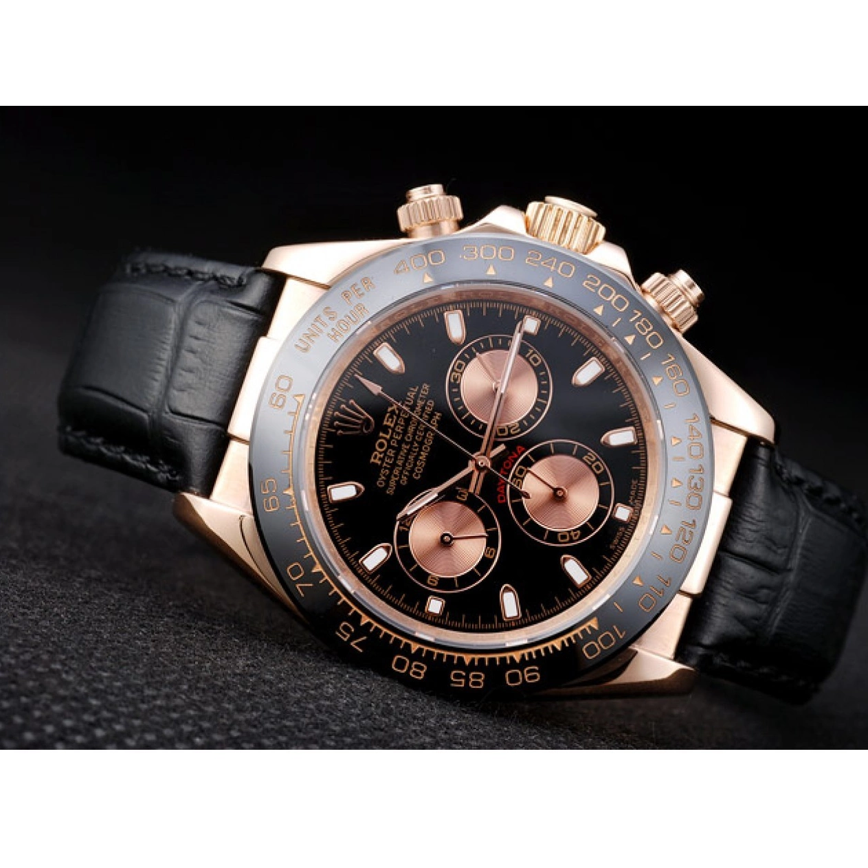 Aaa replica watch Rolex Gold Case Black Rose Daytona Leather Strap Dial Black 0824
